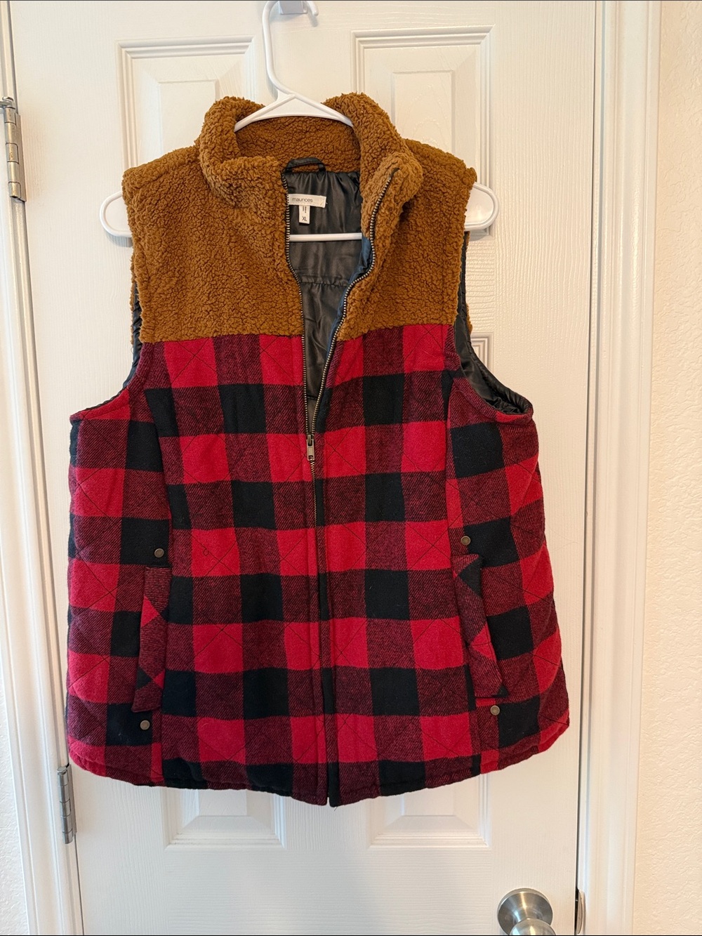 Maurices Red and Black Buffalo Plaid Sherpa-Trim Vest